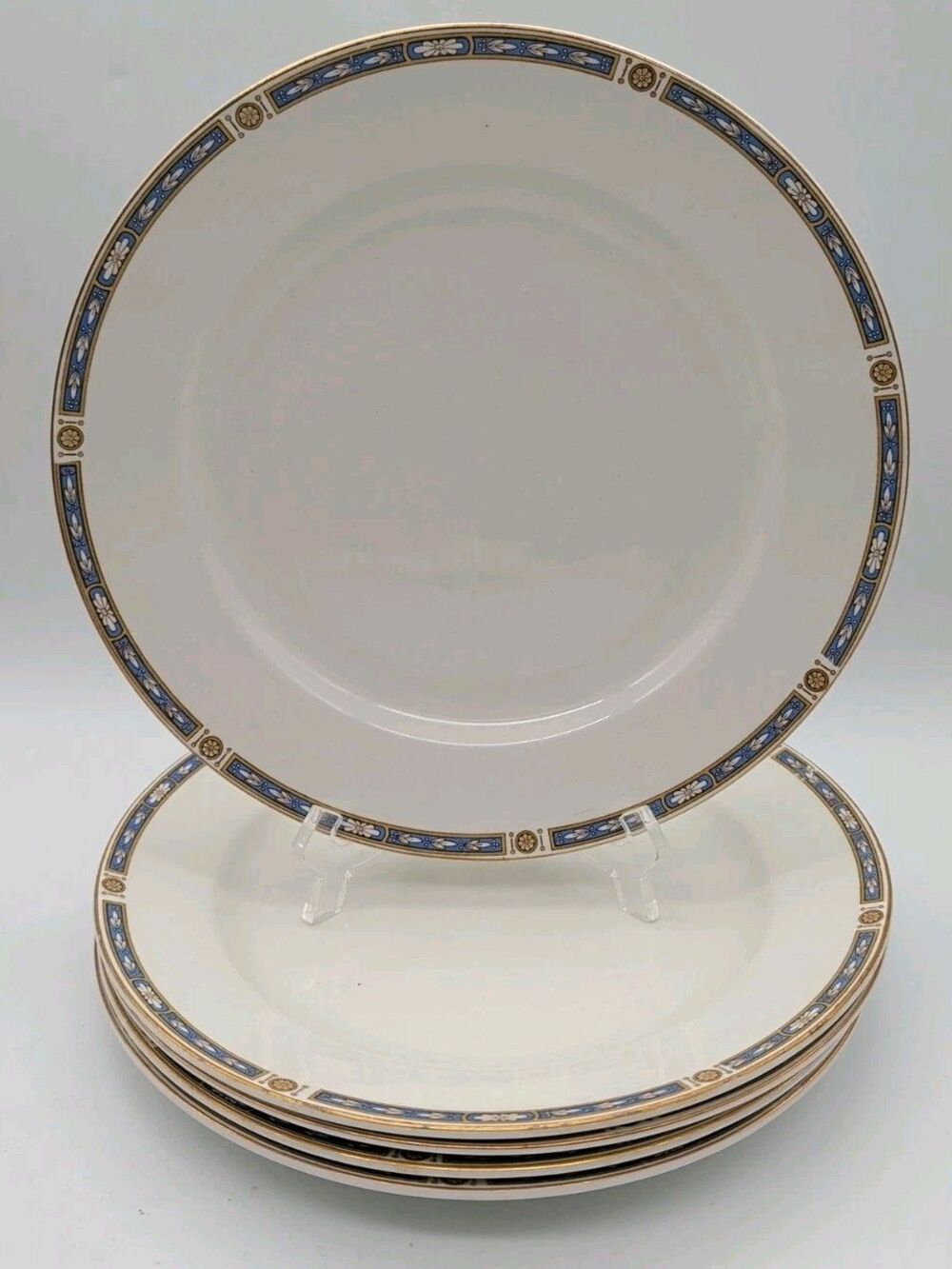 Grindly & Co.  9 3/4" Dinner Plates Set Of 5 Blue Gold trim